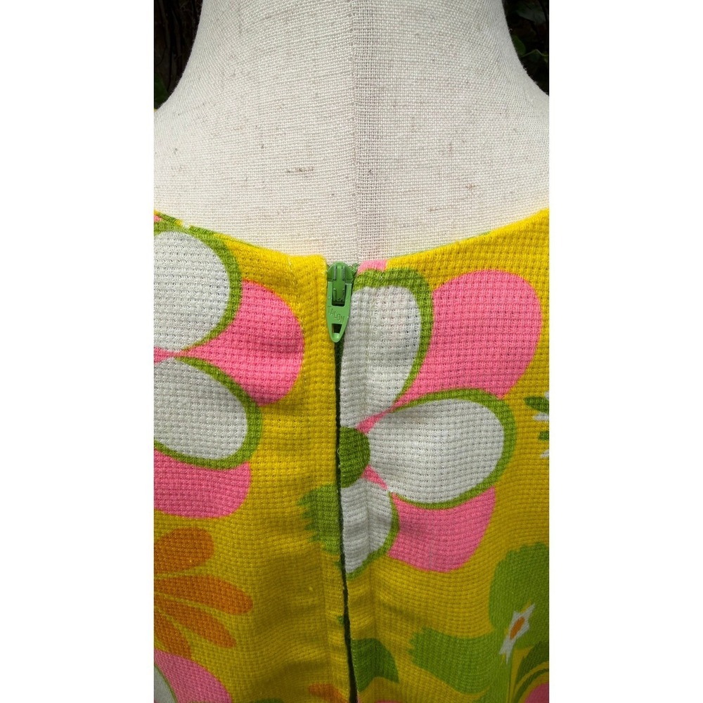 Vtg 60s Psychedelic Mod Shift Dress Yellow Floral Daisy Flower Power Talon Zip L - Picture 4 of 8